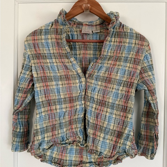 Plaid Lightweight Ruffled Button-Front Shirt - Pastel Multi - Picture 1 of 4